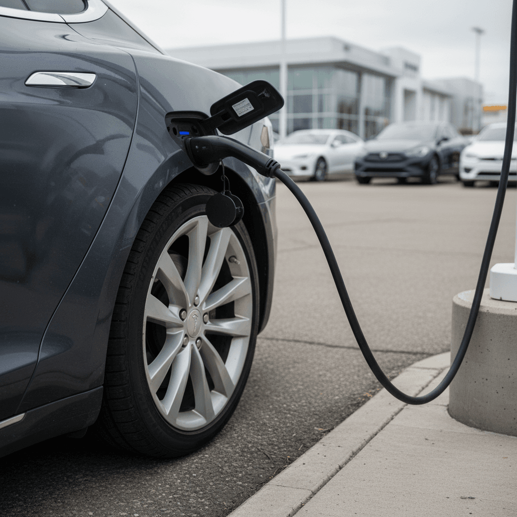Row of used Tesla Model S vehicles parked at a dealer lot with buyers inspecting them