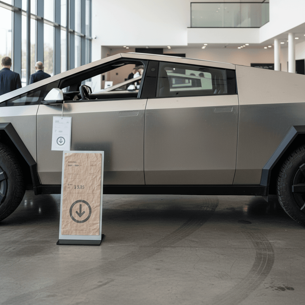 Tesla Cybertruck displayed indoors with pricing placard, illustrating softening resale values in 2026