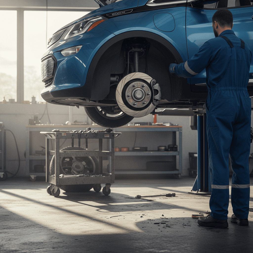 Chevrolet Bolt EV on a service lift while a technician rotates tires and inspects brake components
