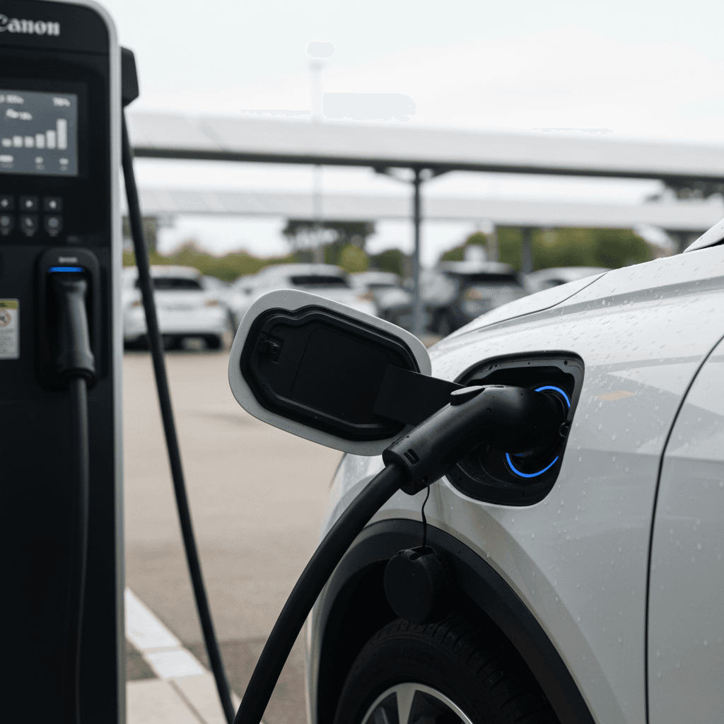 Audi Q4 e-tron charging at a highway fast-charging station during a road trip