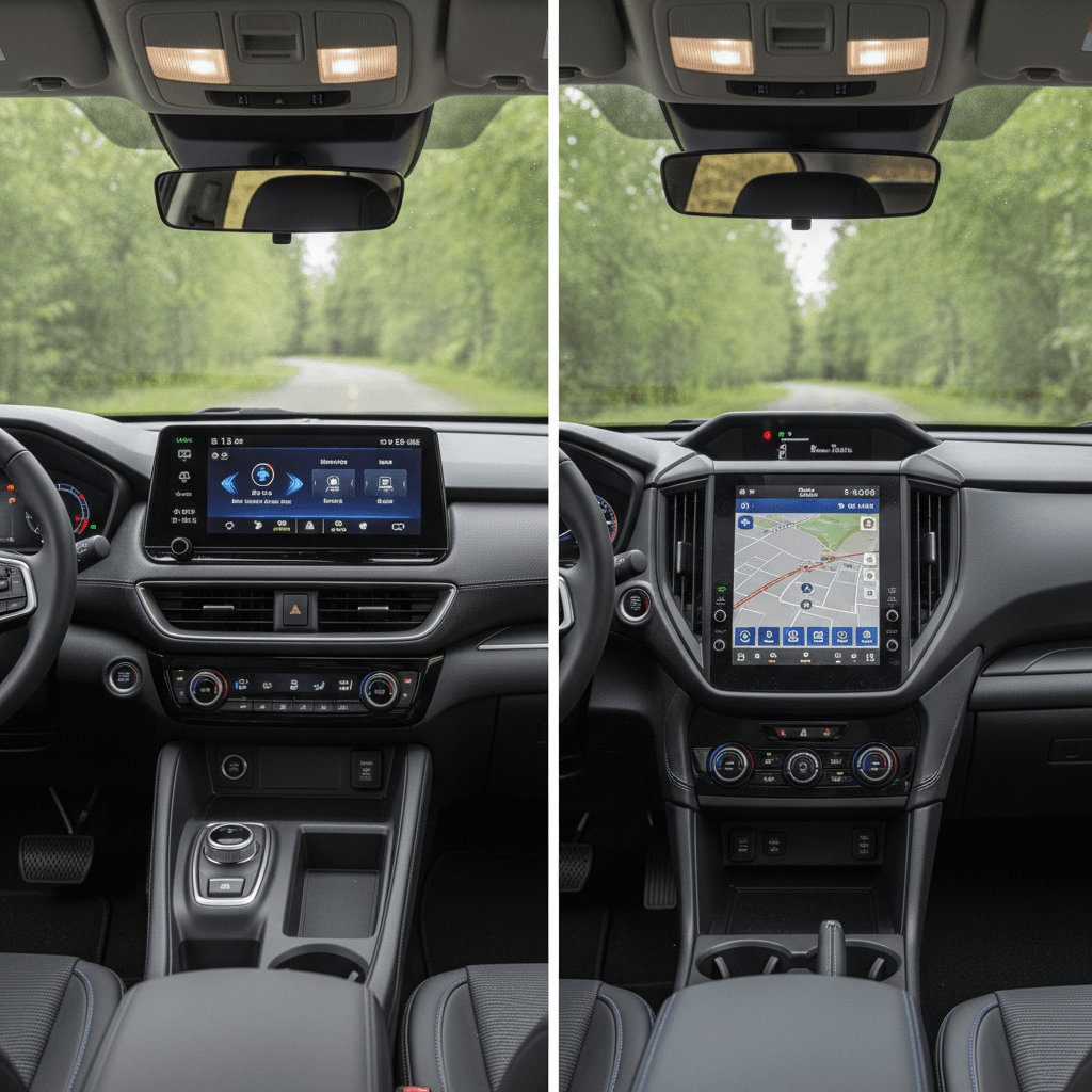 Modern electric SUV interiors compared side by side, highlighting digital driver displays and center touchscreens