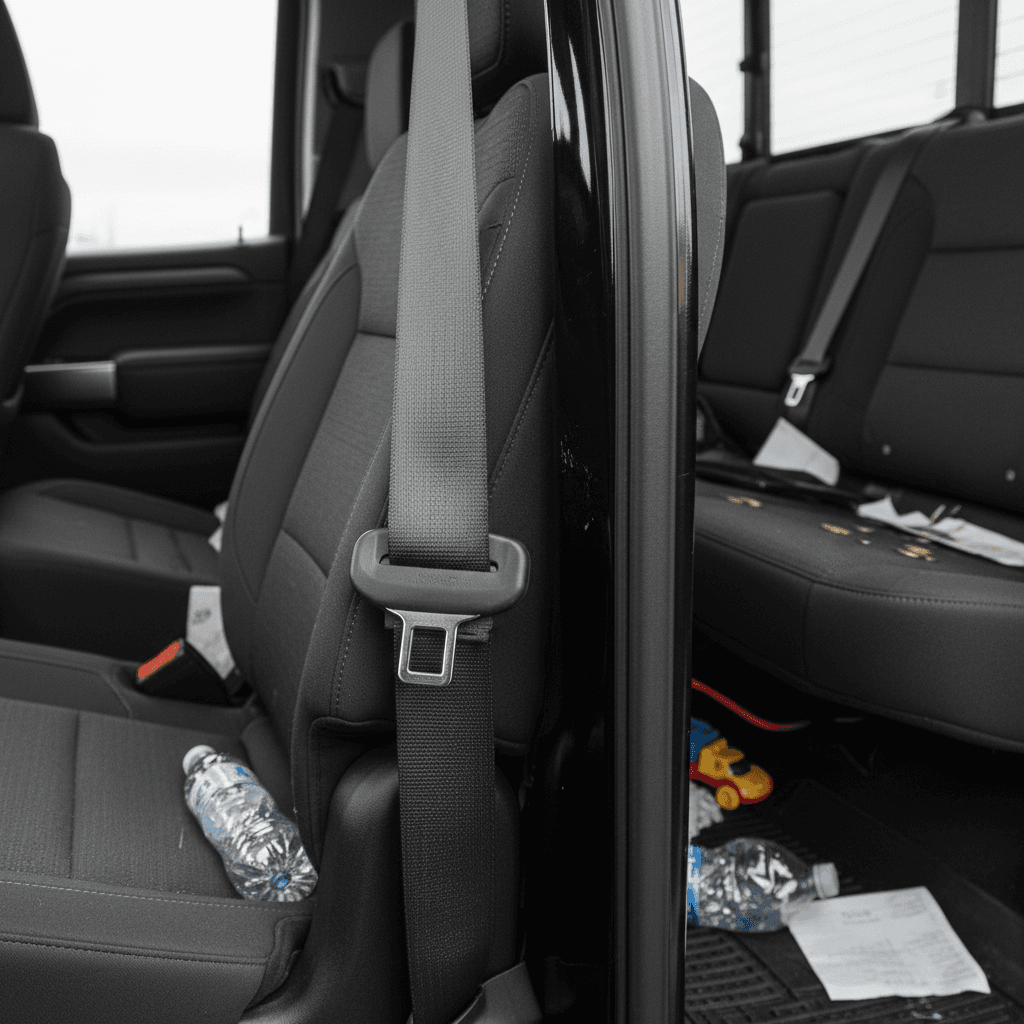 Close-up of a Chevrolet Silverado EV rear center seatbelt and plastic bezel in the second row.