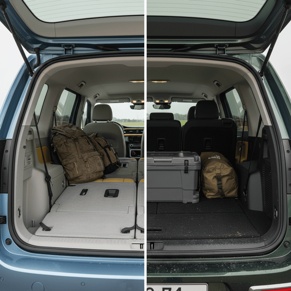 Side-by-side view of VW ID Buzz and Kia EV9 interiors showing three-row seating and generous cargo space with rear seats folded