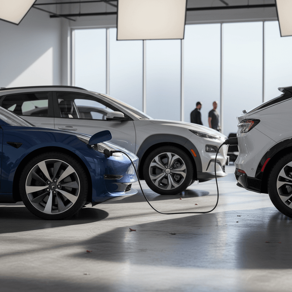 Lineup of popular used electric cars and SUVs under $75,000 in a neutral studio setting