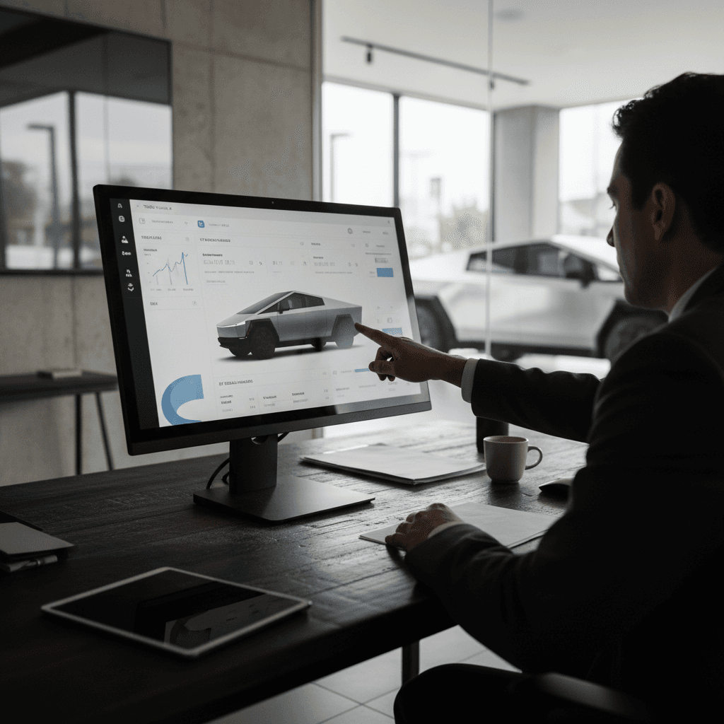 Owner and dealer reviewing a 2024 Tesla Cybertruck trade‑in appraisal in an office setting