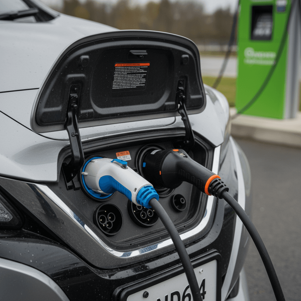 Close-up of Nissan Leaf charging ports showing J1772 AC plug and CHAdeMO DC fast-charge connector on the front of the car