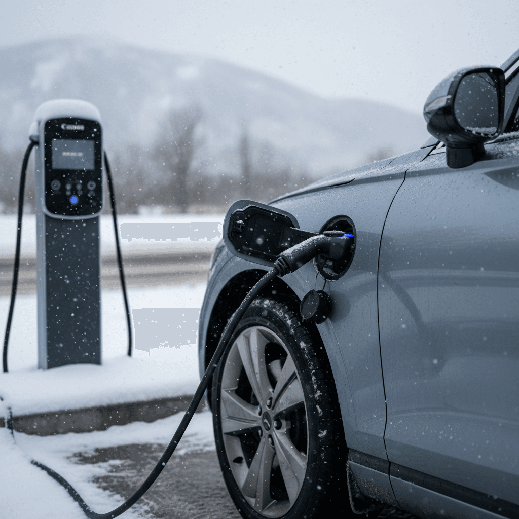 Genesis GV70 Electrified charging at a public station while light snow falls around it