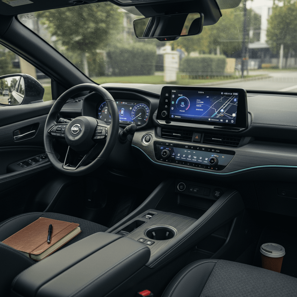 Interior of a 2023 Nissan Ariya with dual widescreen displays and ambient lighting