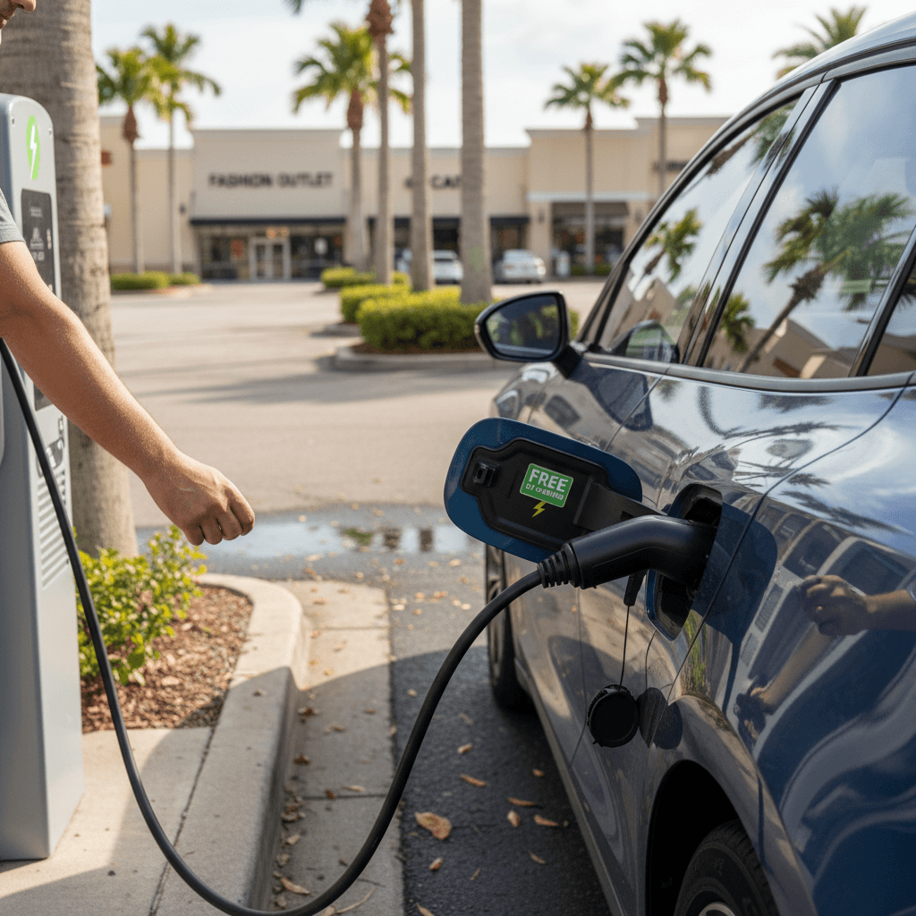 Driver plugging an electric car into a free Level 2 charging station in an Orlando shopping center parking lot on a sunny day