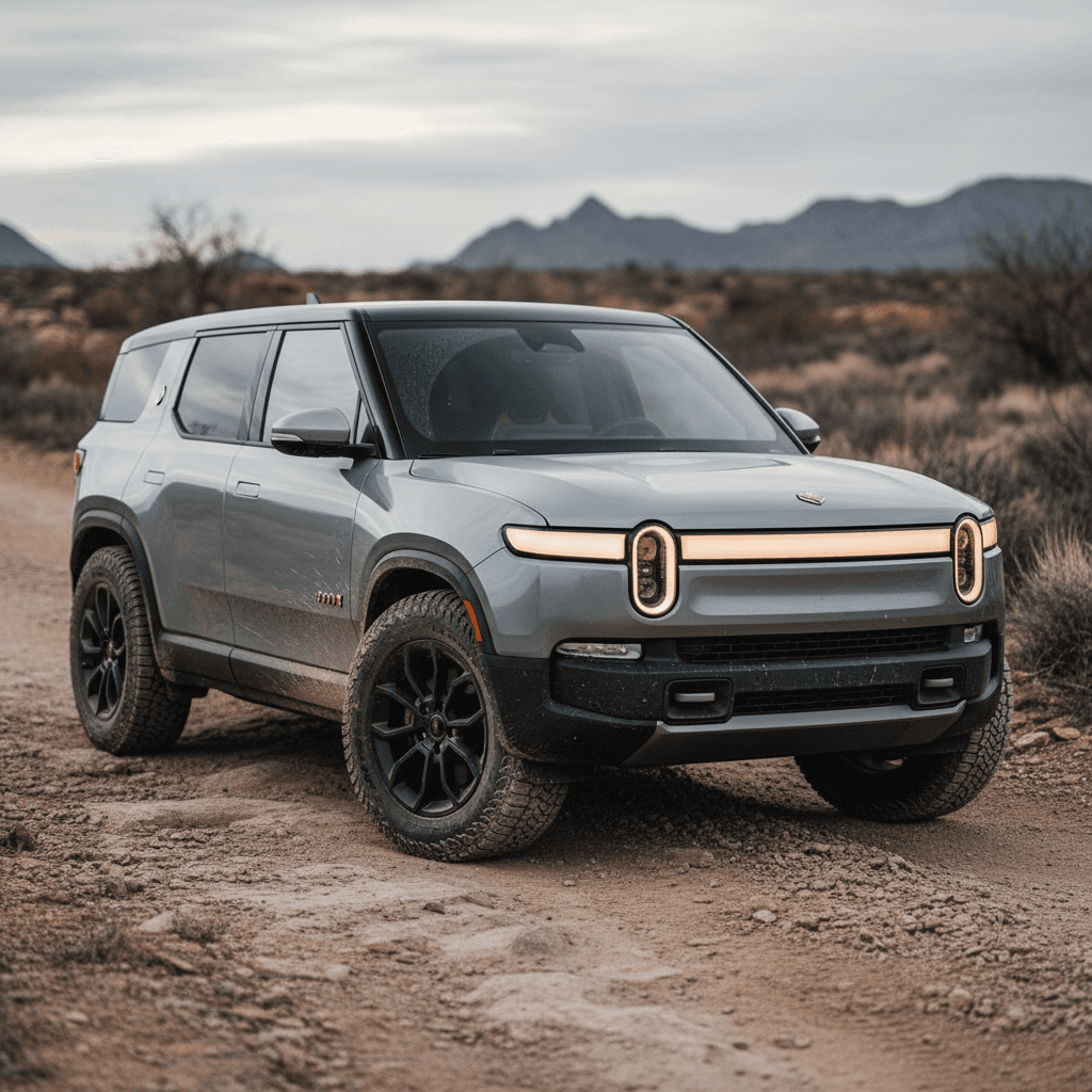 Rivian R3 compact electric crossover front three-quarter detail in urban setting
