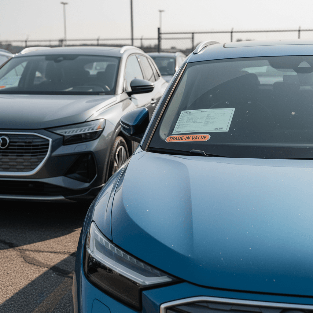 Lineup of pre-owned Audi Q4 e-tron SUVs on a sales lot, highlighting used EV trade-in value in 2026