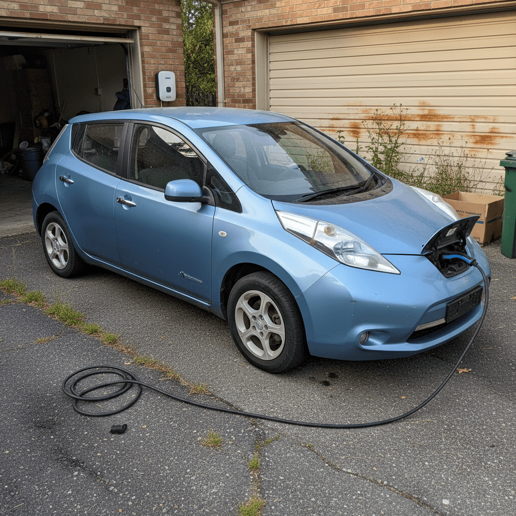 Affordable used electric car plugged into a home charger in a residential driveway
