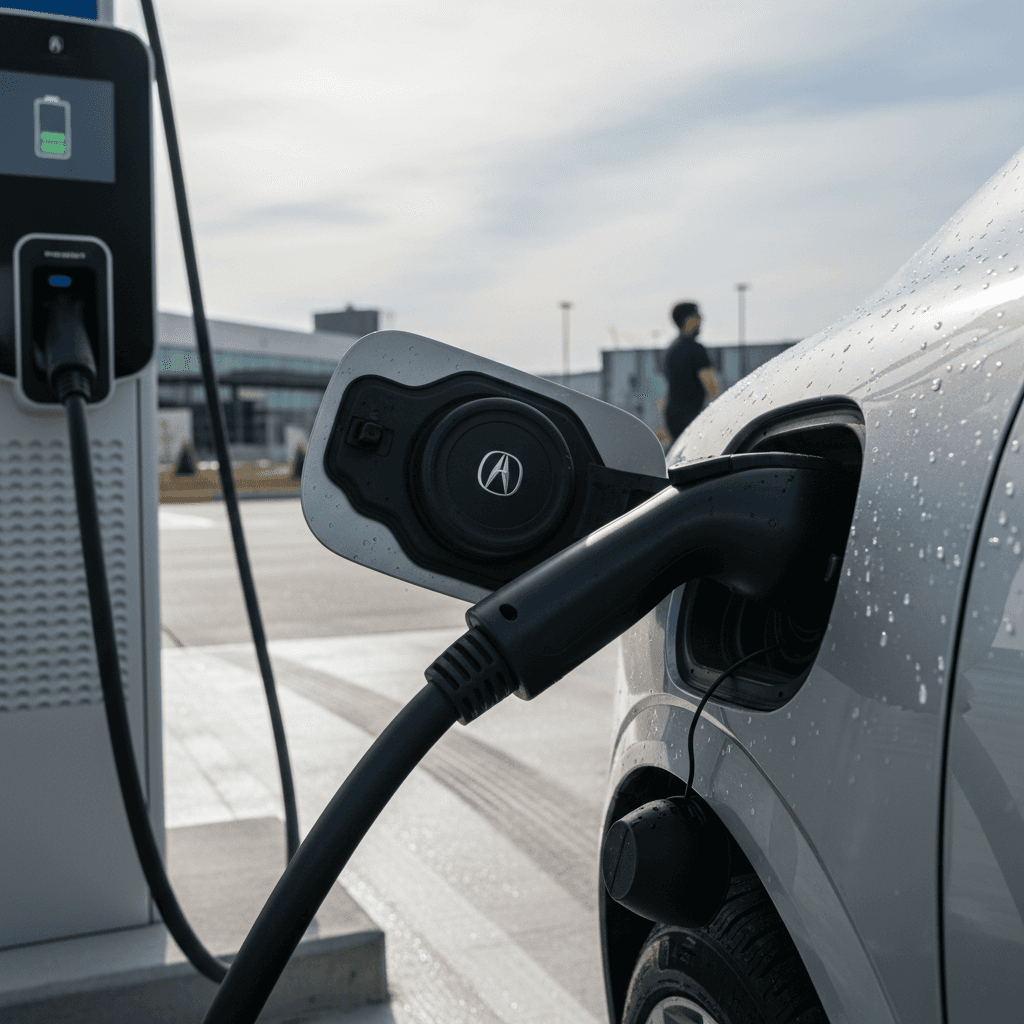 2024 Acura ZDX connected to a public DC fast charger with status shown on the charger display