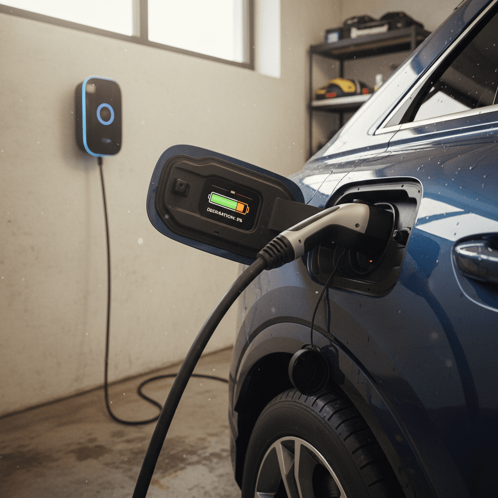 Audi Q4 e-tron plugged into a home wallbox charger with battery level displayed on the instrument cluster