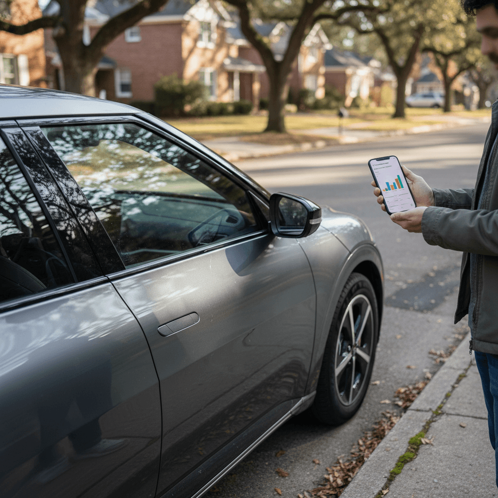 Kia EV6 owner comparing car insurance quotes on a smartphone while standing next to the vehicle