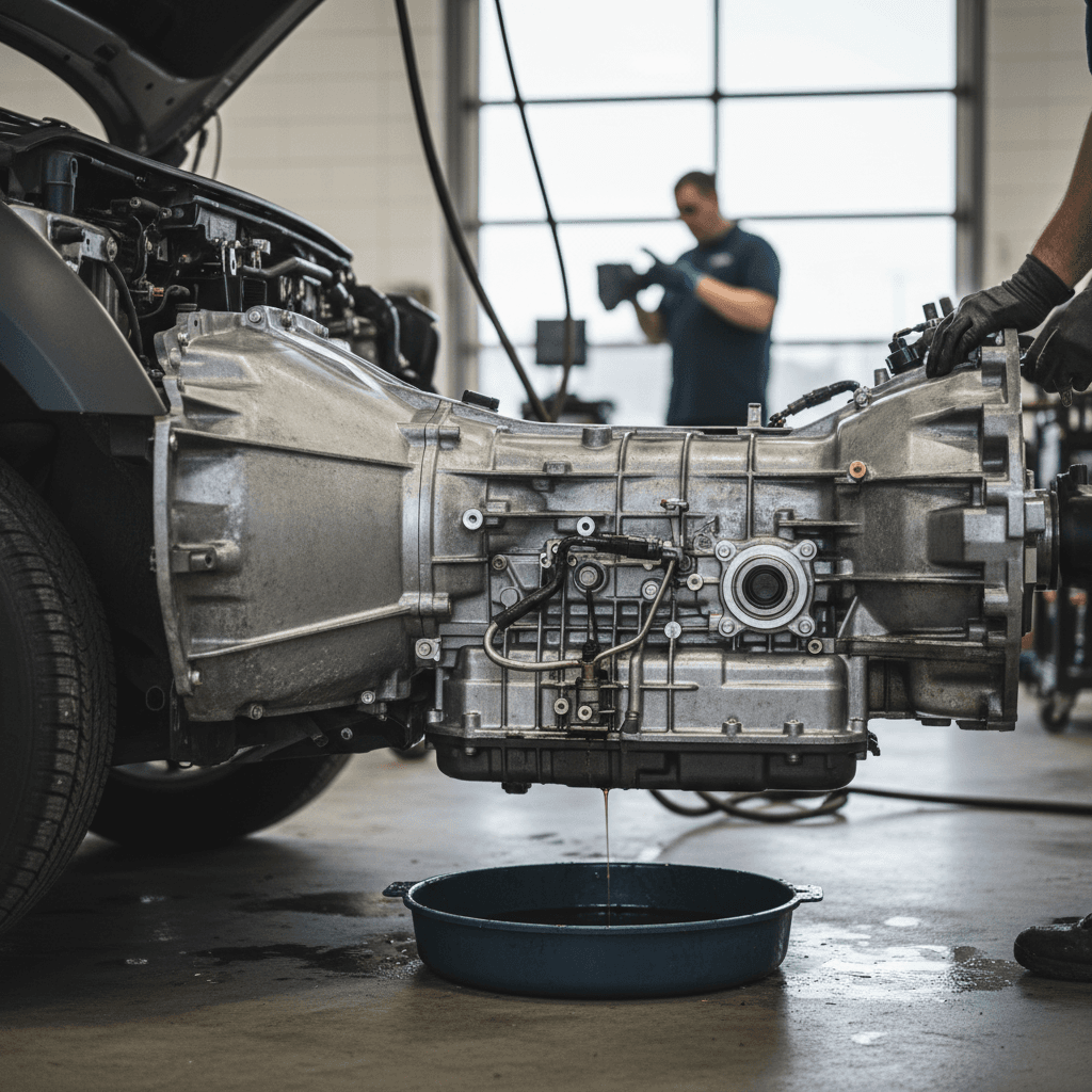 Mechanic performing scheduled service on a Nissan Pathfinder SUV on a lift