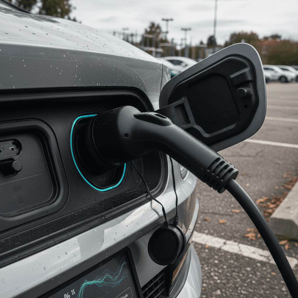 Kia EV6 plugged into a DC fast charging station, close-up of charge port and station screen
