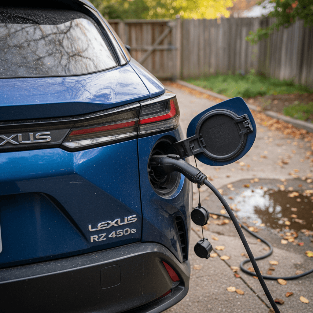 Rear view of a Lexus RZ 450e plugged into a home charger, illustrating used EV ownership and resale value.