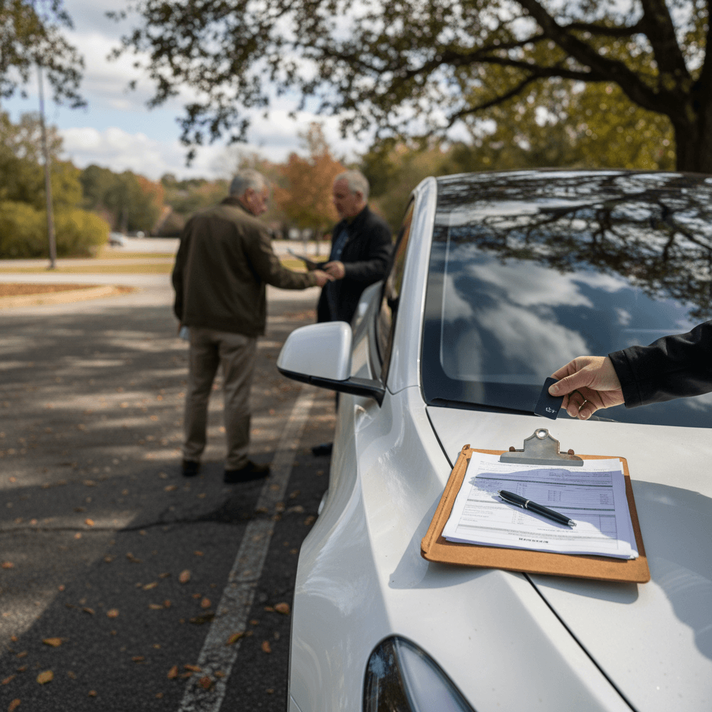 Seller handing a Tesla Model Y key card to a buyer while signing paperwork in a parking lot