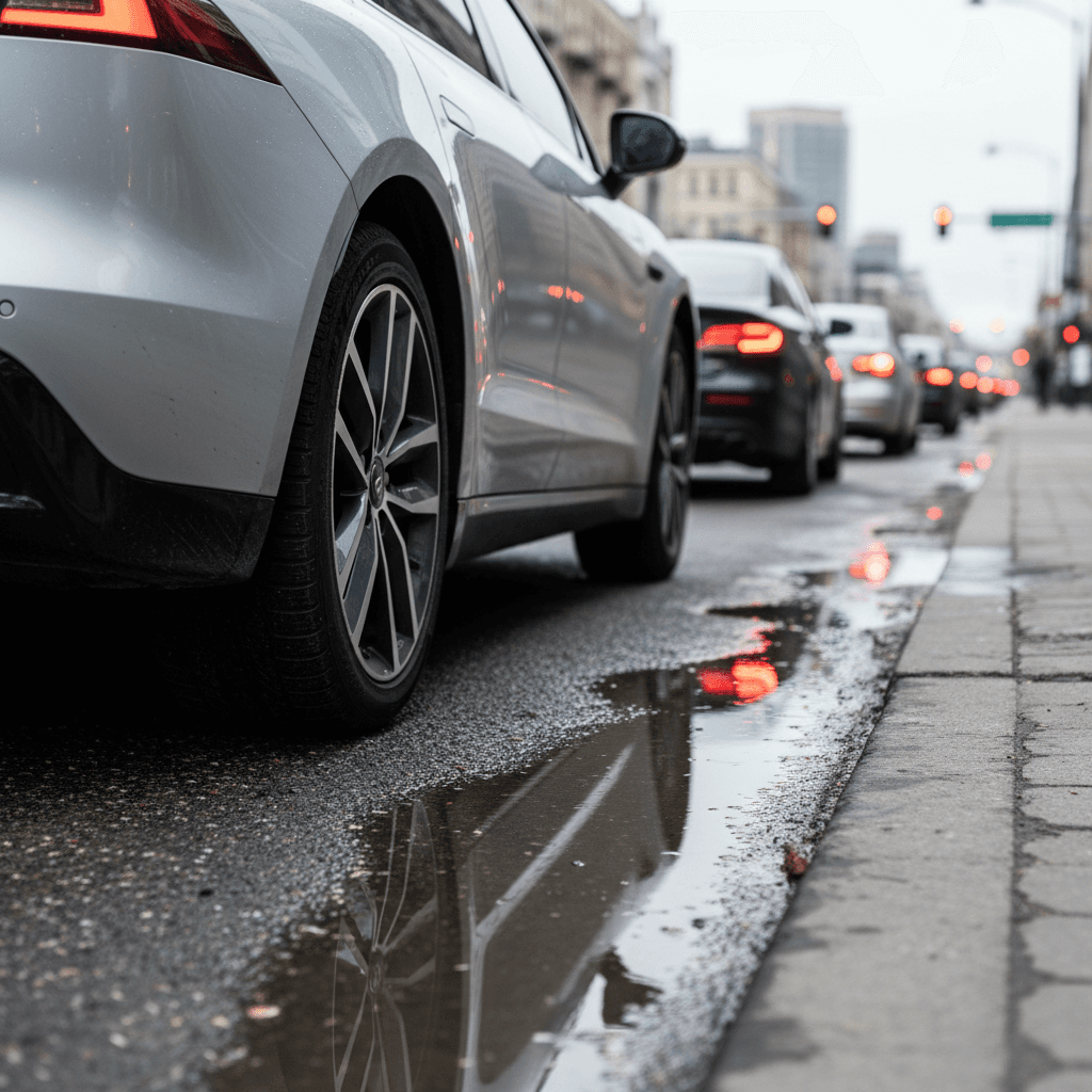 Electric car driving through a city street during a daily commute