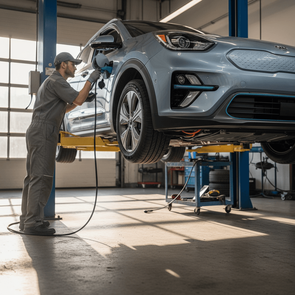 Technician inspecting a Kia Niro EV charging port and underbody on a lift
