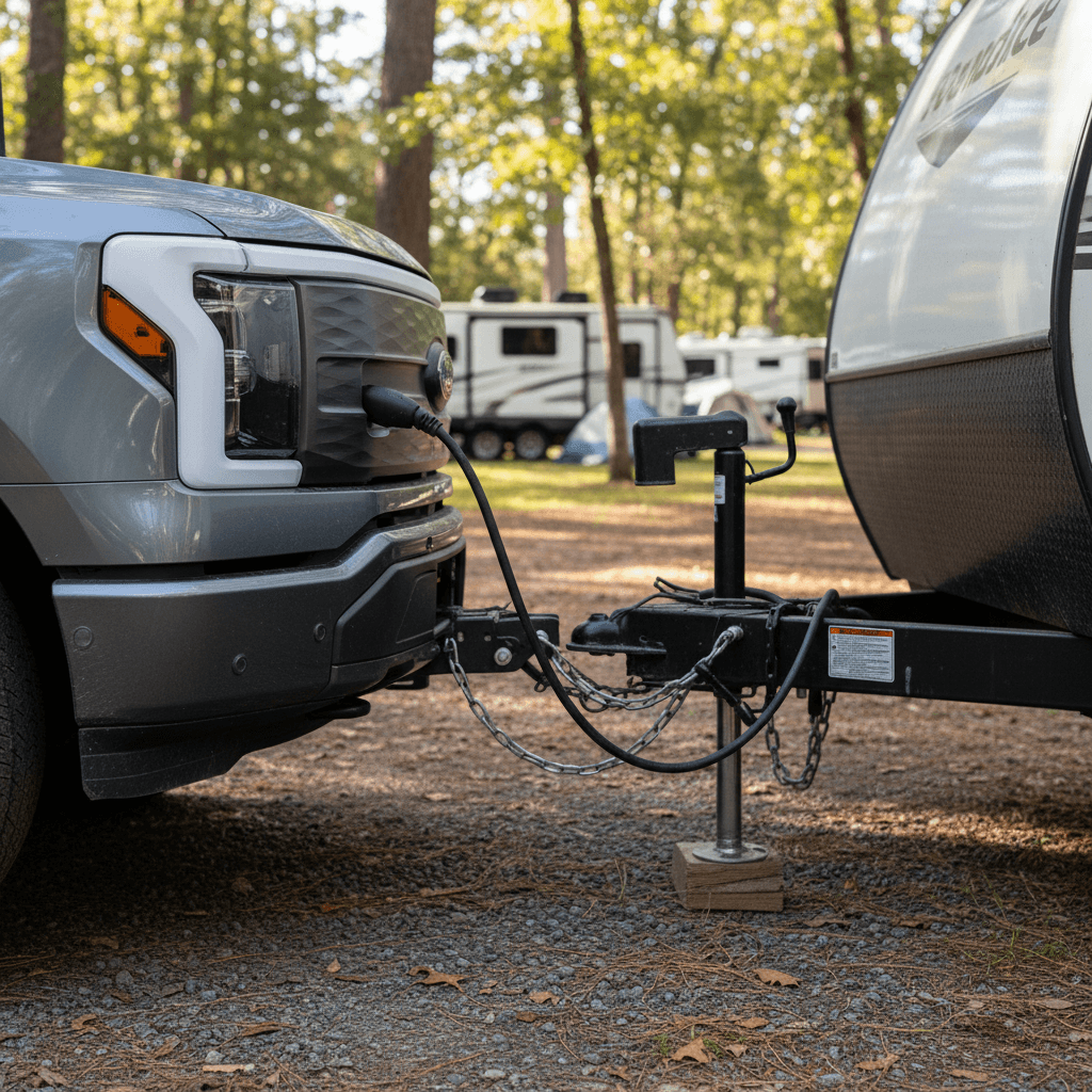 Ford F-150 Lightning hitched to a tandem-axle camping trailer at a wooded campsite