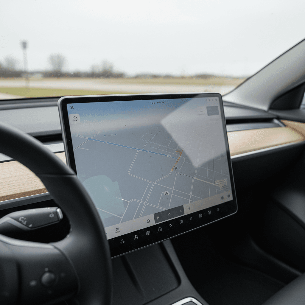 Minimalist interior of a Tesla Model 3 showing the central touchscreen and clean dashboard