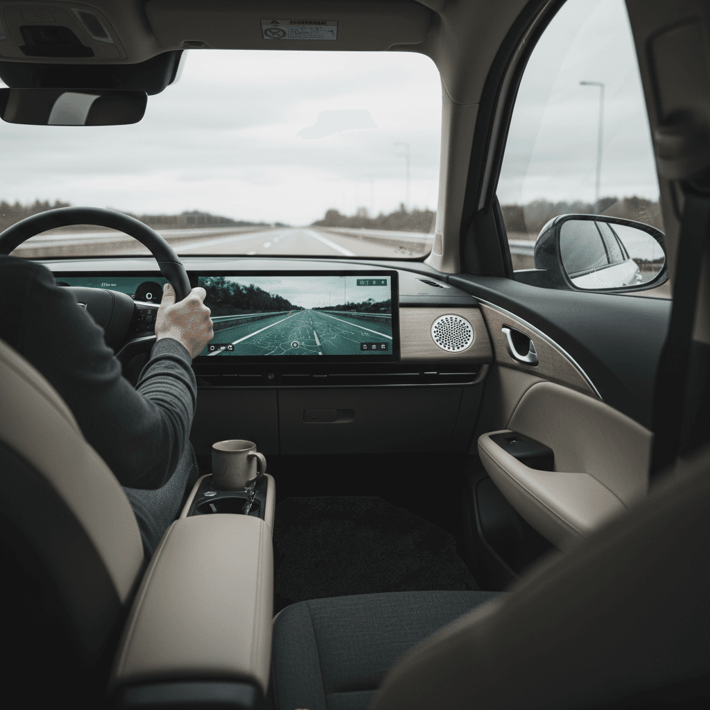 Driver cruising in a modern electric car on the highway, showcasing the quiet, refined interior of a premium EV