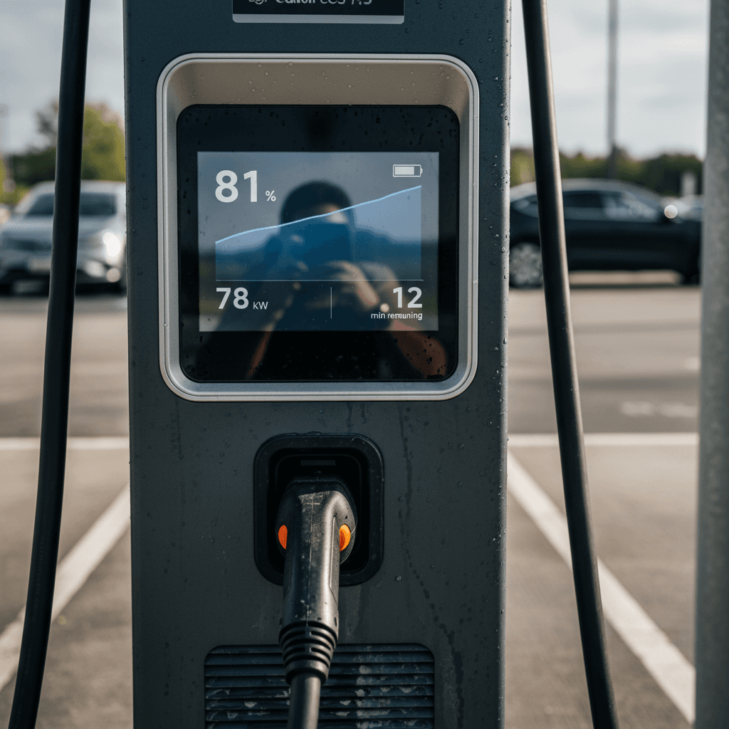 DC fast charger display showing charging power tapering as the EV battery reaches 80 percent state of charge