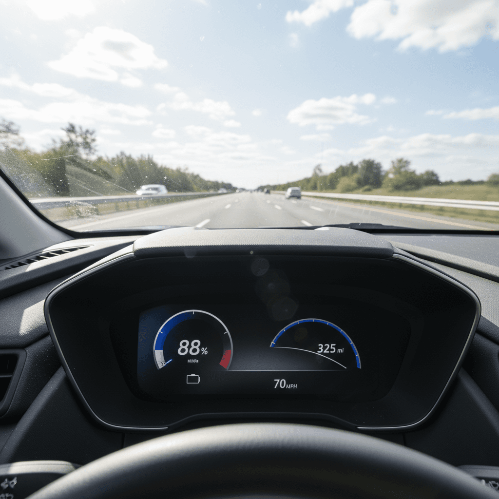 Digital gauge cluster in a 2023 Toyota bZ4X showing state of charge and estimated range during highway driving