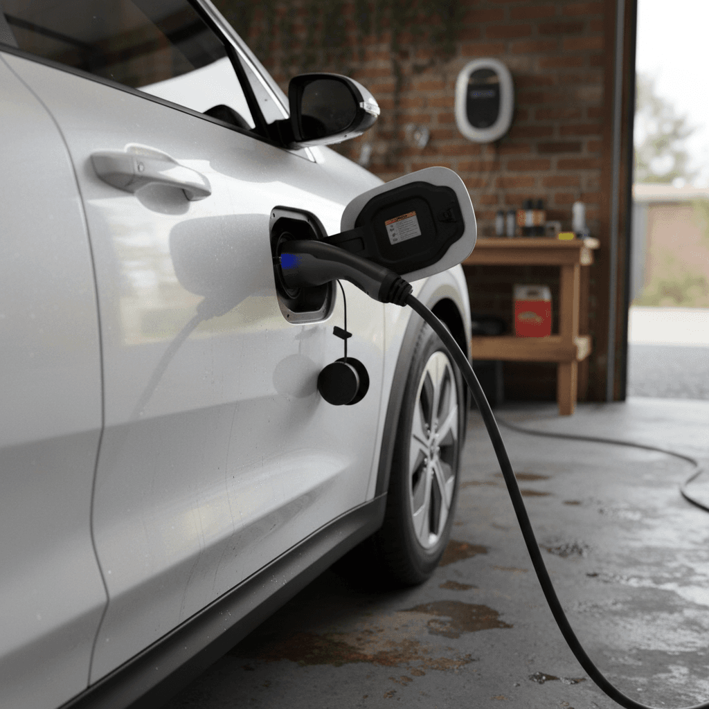 Close view of a 2023 Kia Niro EV charging port and rear bodywork plugged into a home Level 2 charger