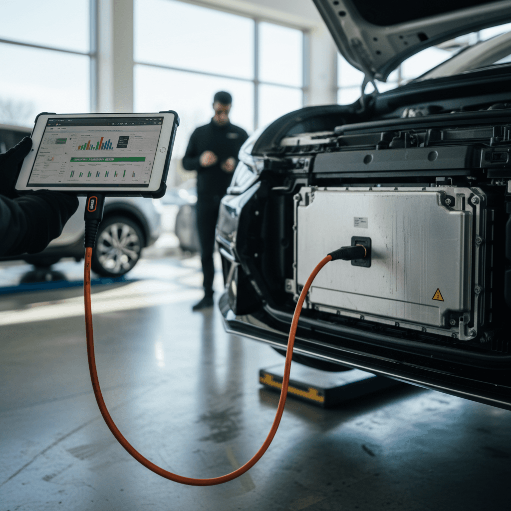 EV technician reviewing a detailed battery health report on a tablet next to a Kia EV6 in a showroom