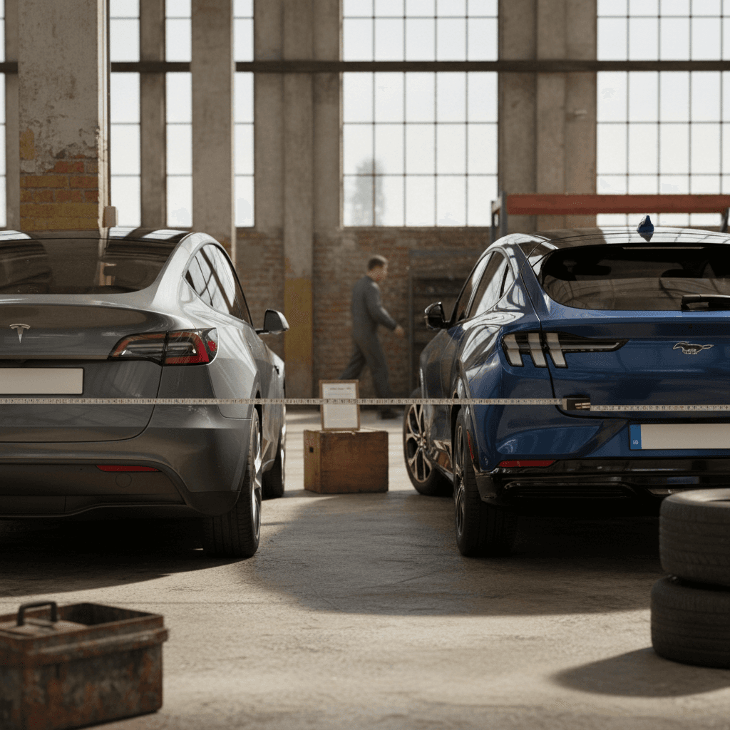 Tesla Model Y and Ford Mustang Mach-E parked side by side showing size and design differences