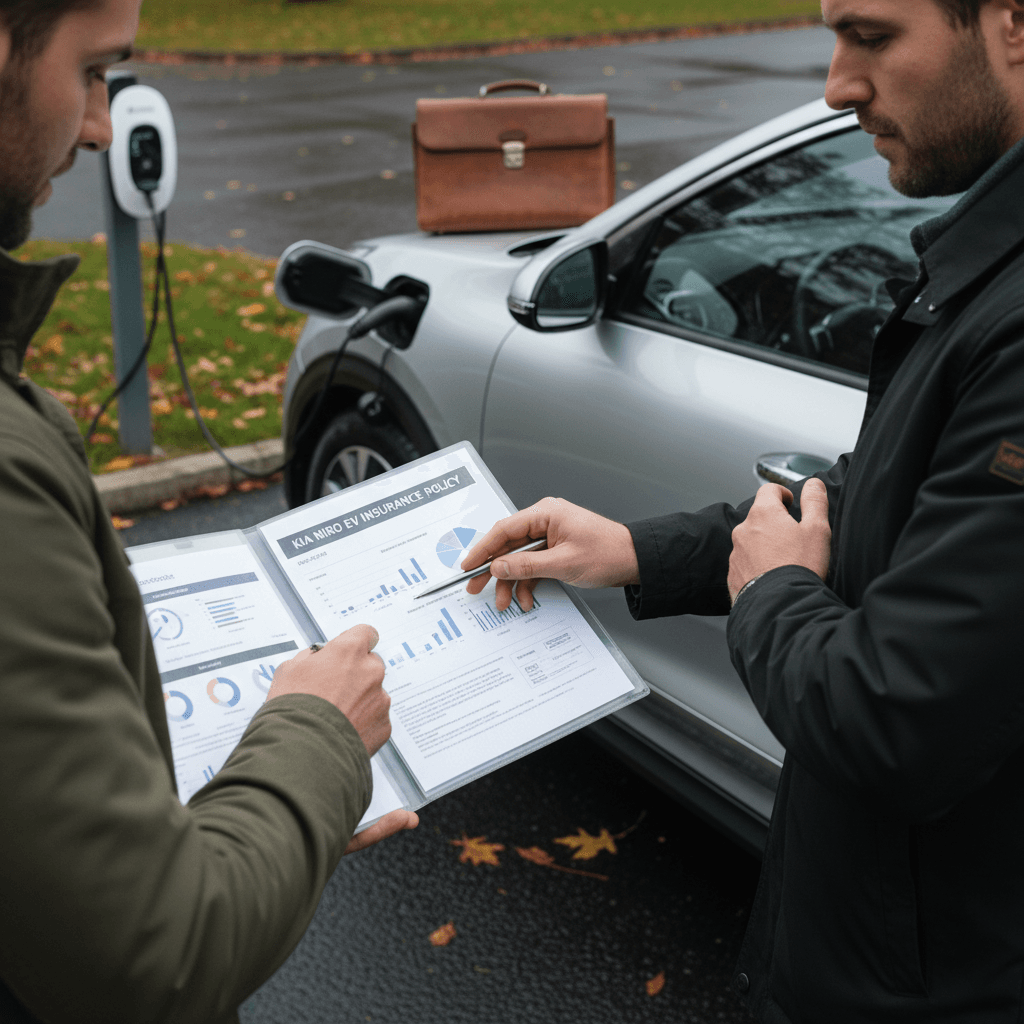 Driver reviewing insurance documents next to a Kia Niro EV parked on a quiet residential street