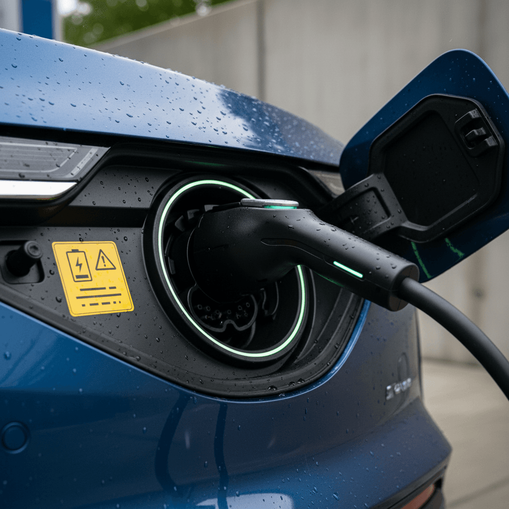 Close-up of an Acura ZDX charging port with a high-voltage battery warning label visible on the bodywork