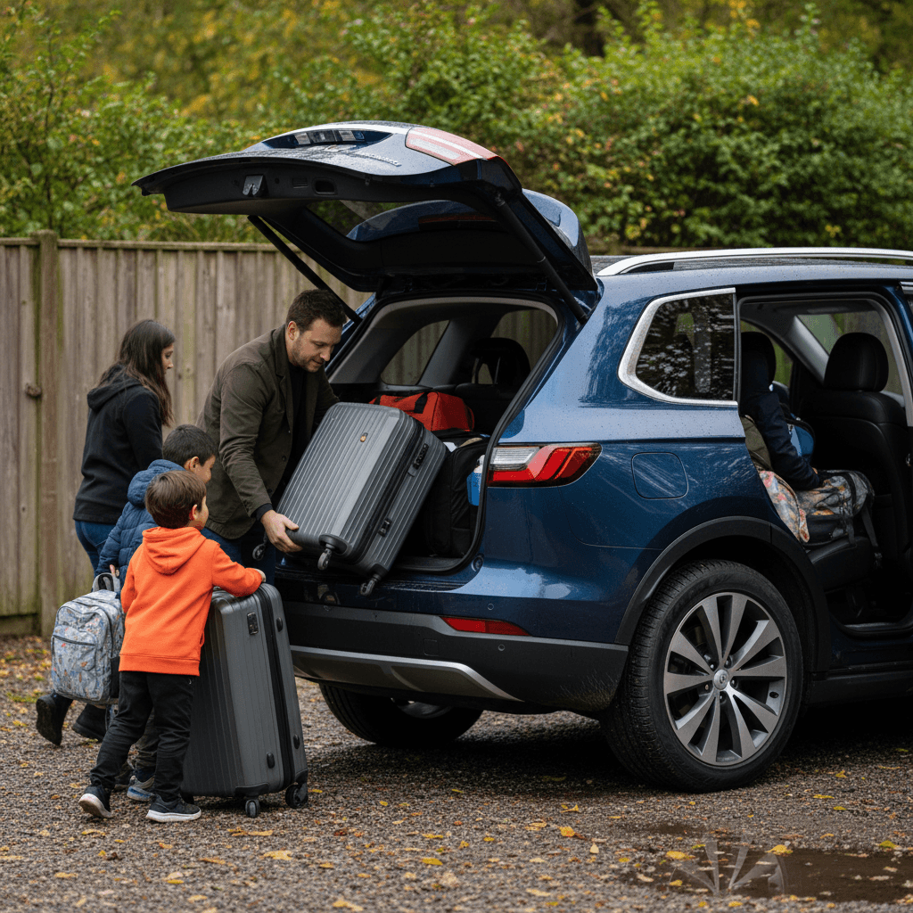 Three-row electric SUV driving on a highway with a family on a road trip