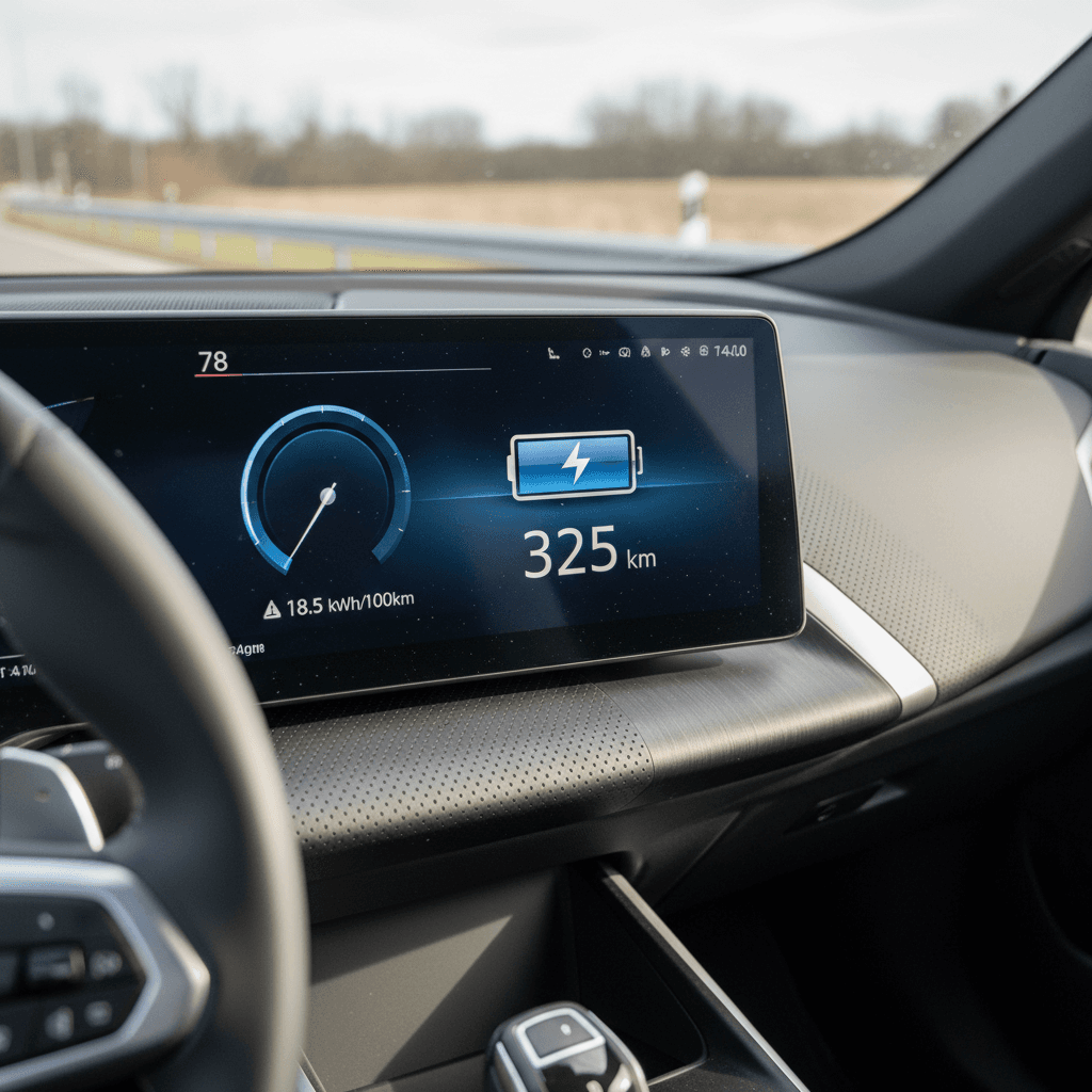 BMW iX digital gauge cluster showing remaining range estimate, battery percentage, and efficiency on a highway drive