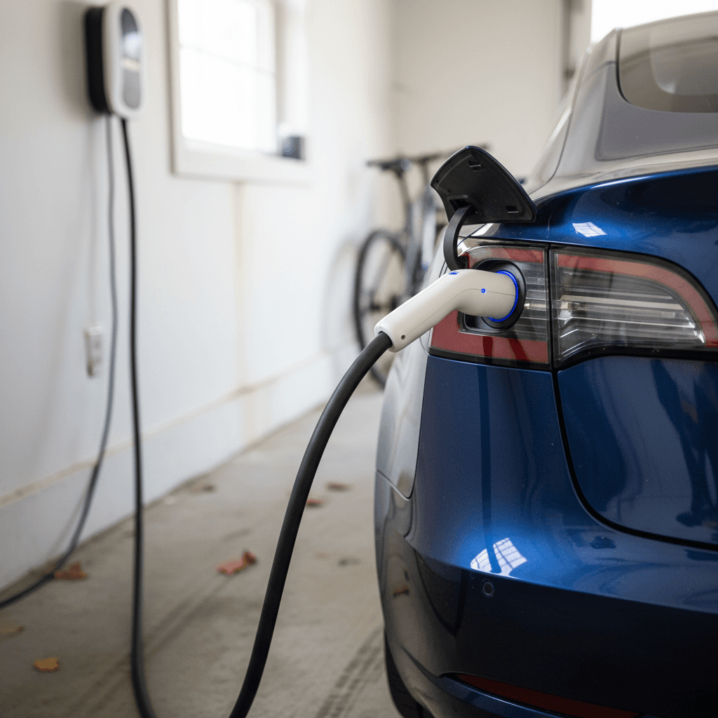 2021 Tesla Model 3 plugged into a home Level 2 charger with focus on the rear charge port