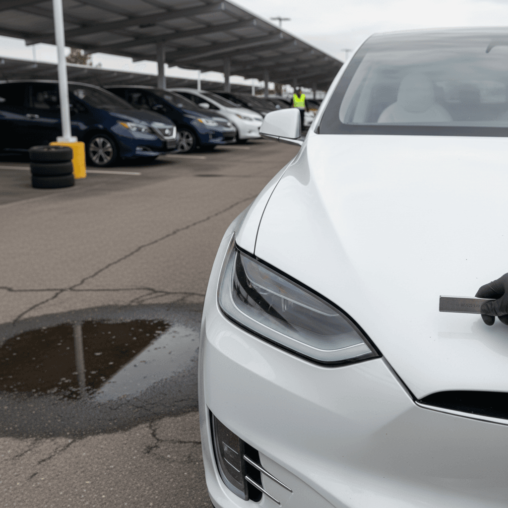 Technician inspecting a white 2022 Tesla Model X at a used EV dealership before trade-in
