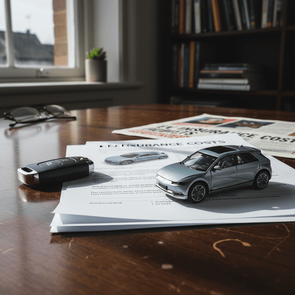 Insurance paperwork, keys, and a scale model of an electric SUV laid out on a desk while a buyer compares quotes.
