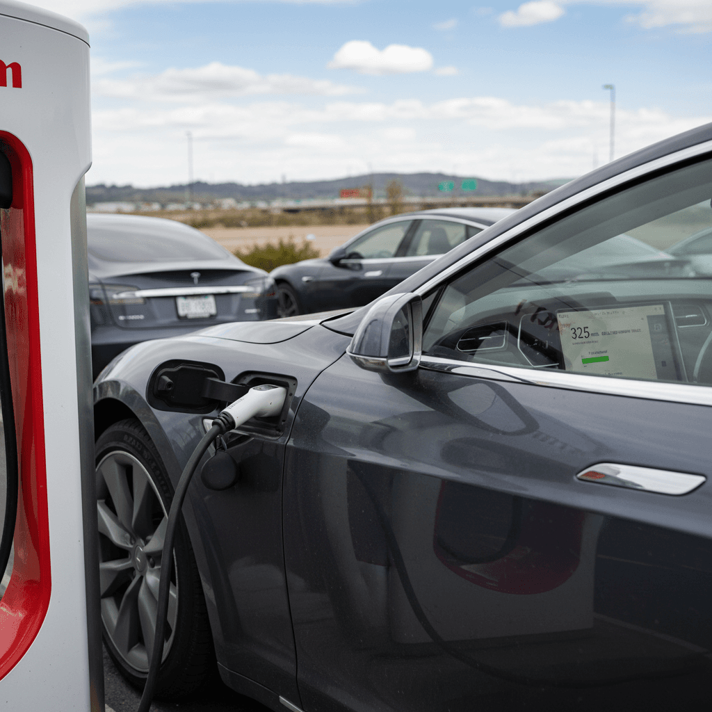 Tesla Model S plugged into a Supercharger with its touchscreen displaying remaining range