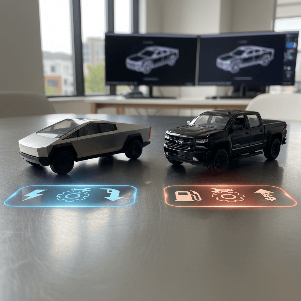 Side‑by‑side infographic style comparison of estimated 5‑year costs for Tesla Cybertruck, Chevy Silverado EV, and gas Silverado 1500 including purchase, fuel, insurance, and maintenance.