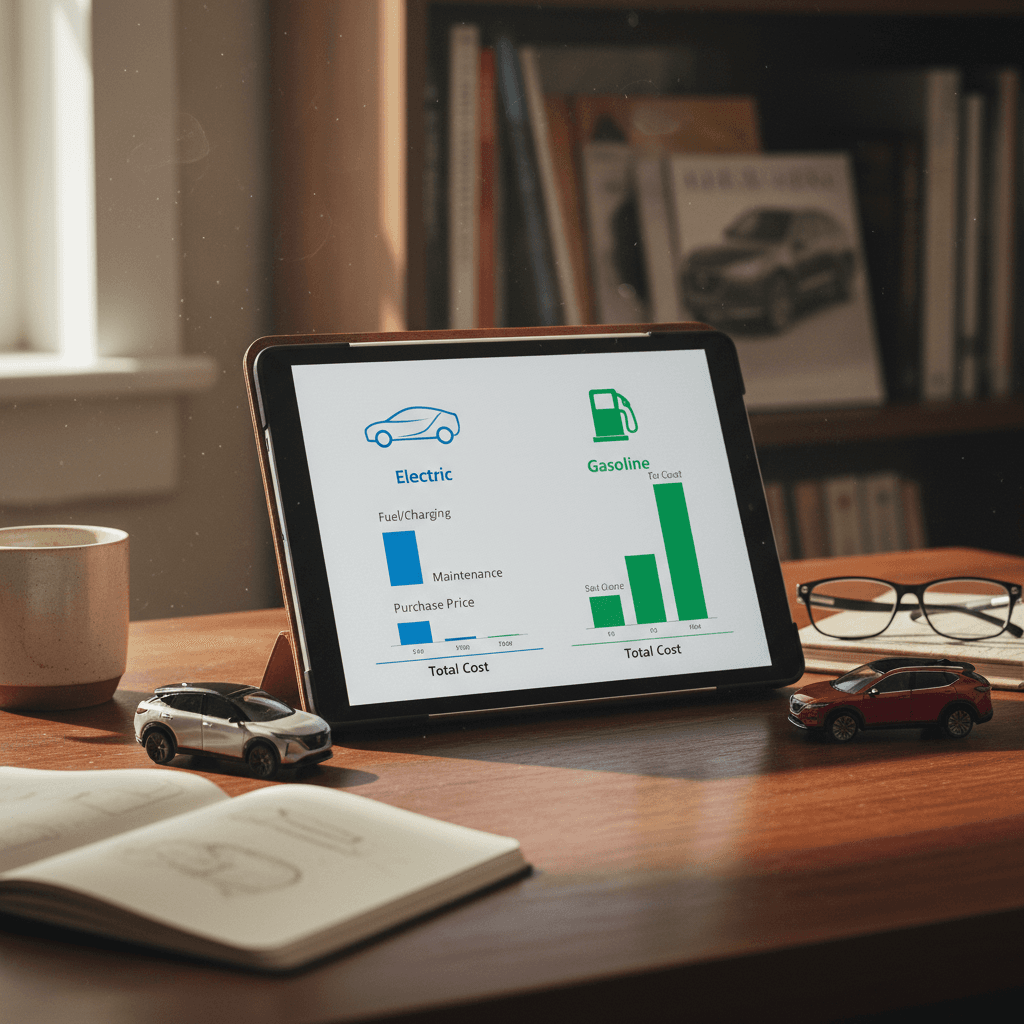 Illustrated comparison of annual fuel cost for a gasoline Nissan Rogue versus electricity cost for an electric Nissan Ariya