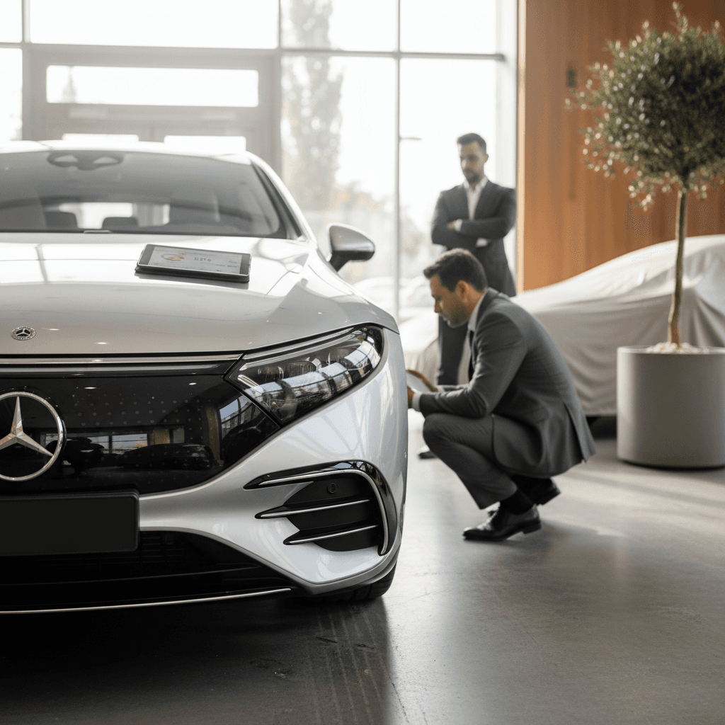 Technician running a battery health diagnostic on a 2022 Mercedes EQS to evaluate resale value