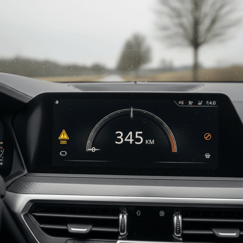 Digital dashboard of a BMW i4 showing remaining driving range and system status icons