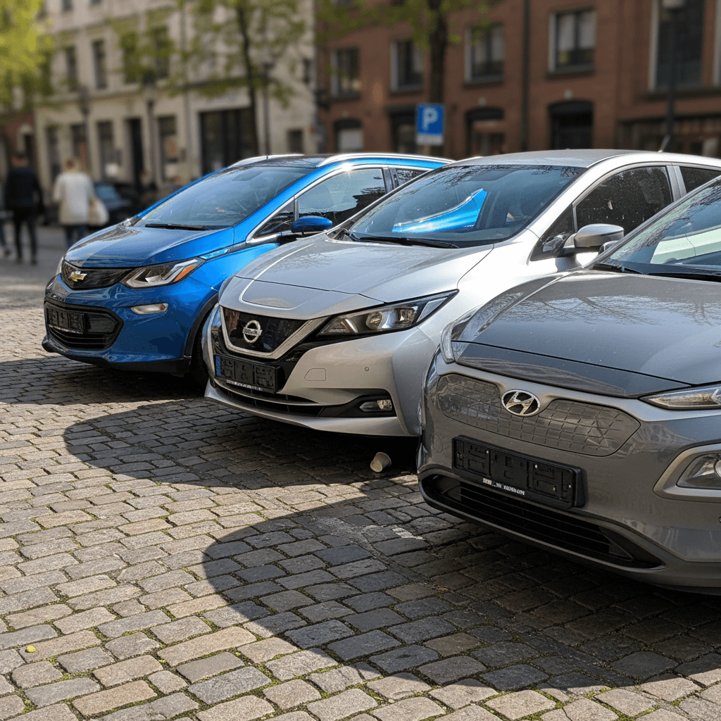 Lineup of used Chevy Bolt EV, Nissan Leaf, and Hyundai Kona Electric parked side by side at a dealership