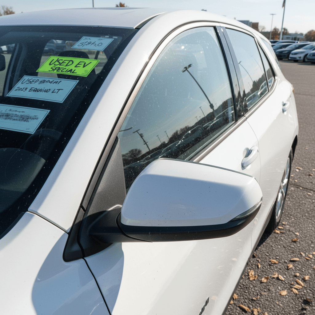 Used Chevrolet Equinox EVs lined up on a dealer lot with visible pricing in the windows