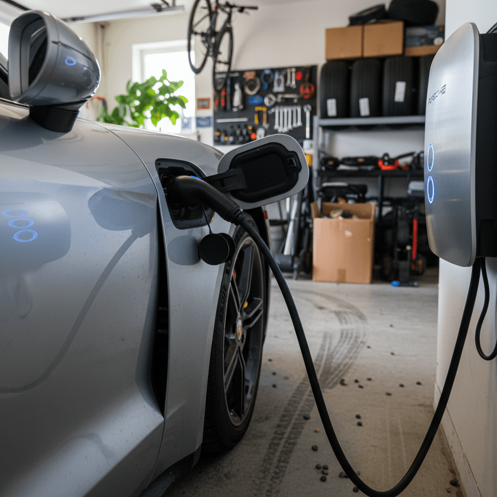 Porsche Taycan plugged into a home wallbox charger in a modern garage