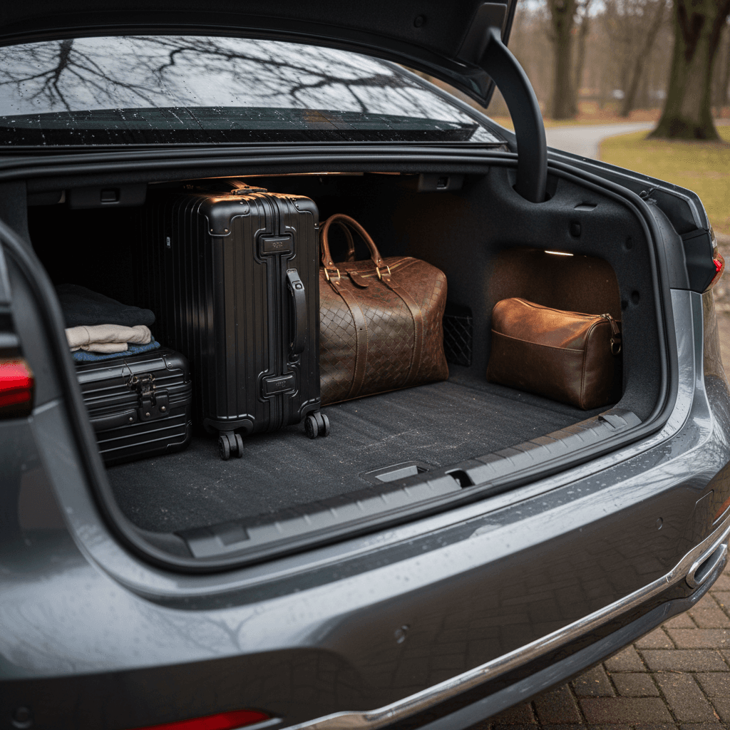 Open BMW i7 trunk loaded with several suitcases to illustrate cargo space