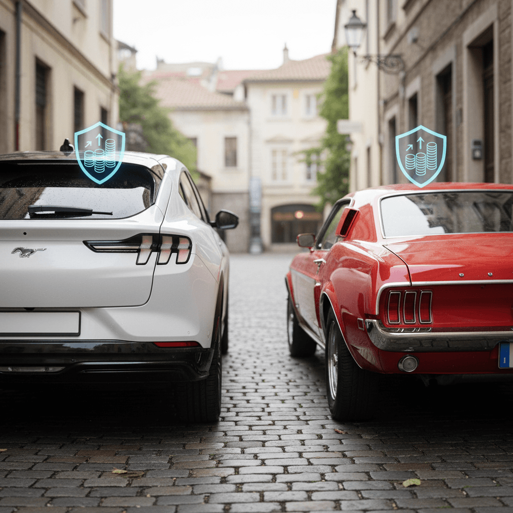 Side-by-side Ford Mustang Mach-E and gas Ford Mustang with icons representing different insurance costs